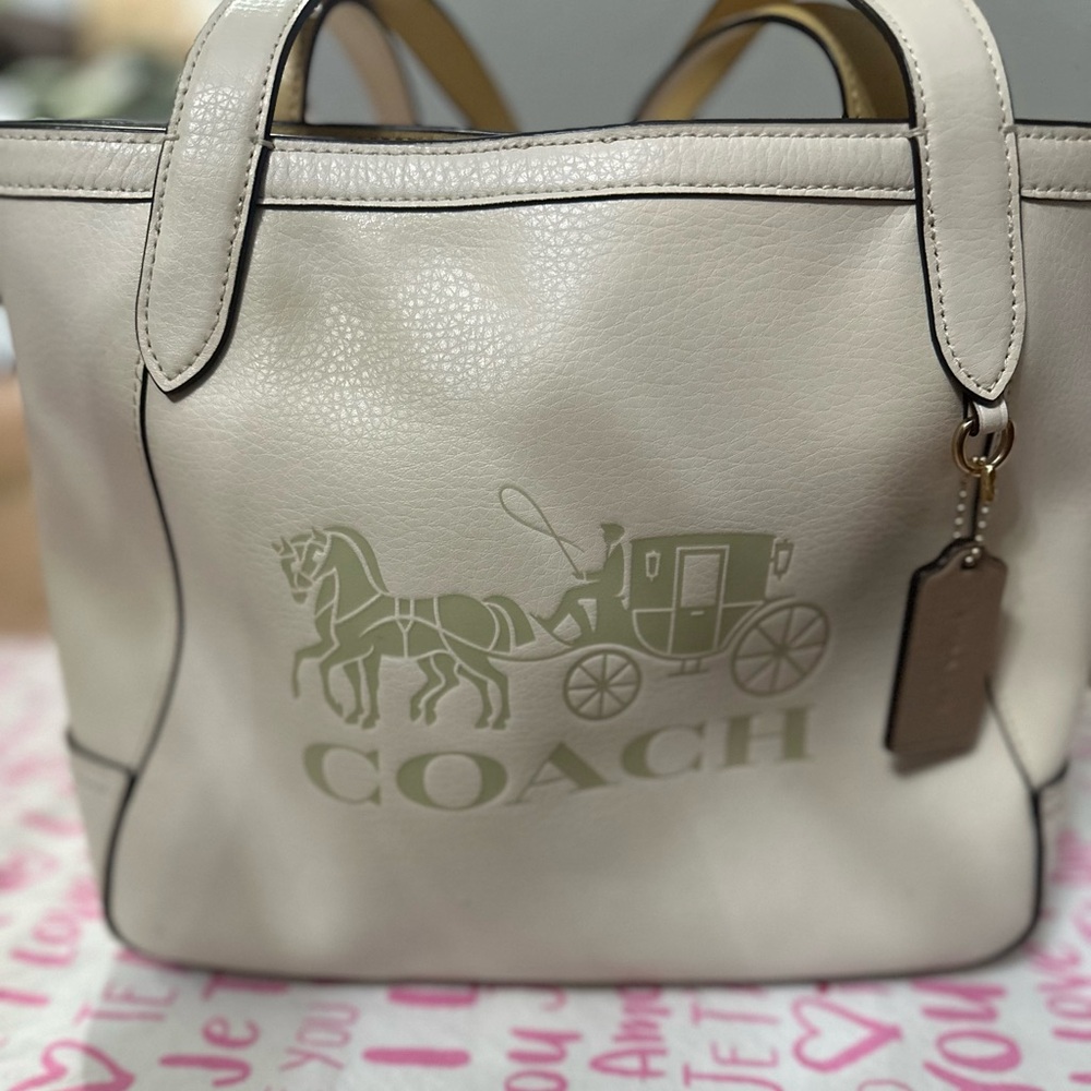 Coach Cream Leather Tote with Pale Green Logo